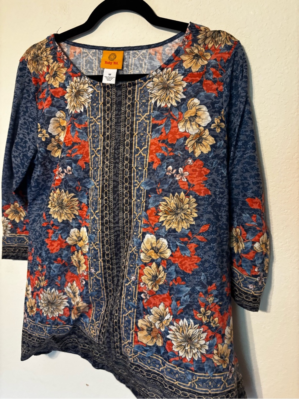 Ruby Rd. Floral Chain Print Tunic Top M Blue Rust Gold 3/4 Sleeve Boho